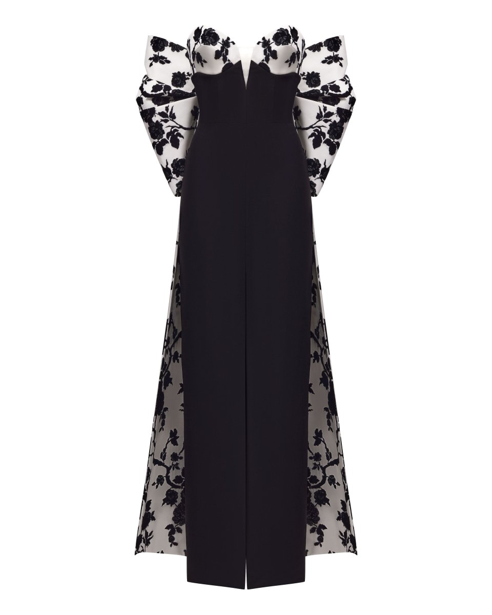 Bow-embellished floral jacquard and crepe maxi dress – Color: Black/White – RASARIO Online Boutique 42 (FR) / Black/White