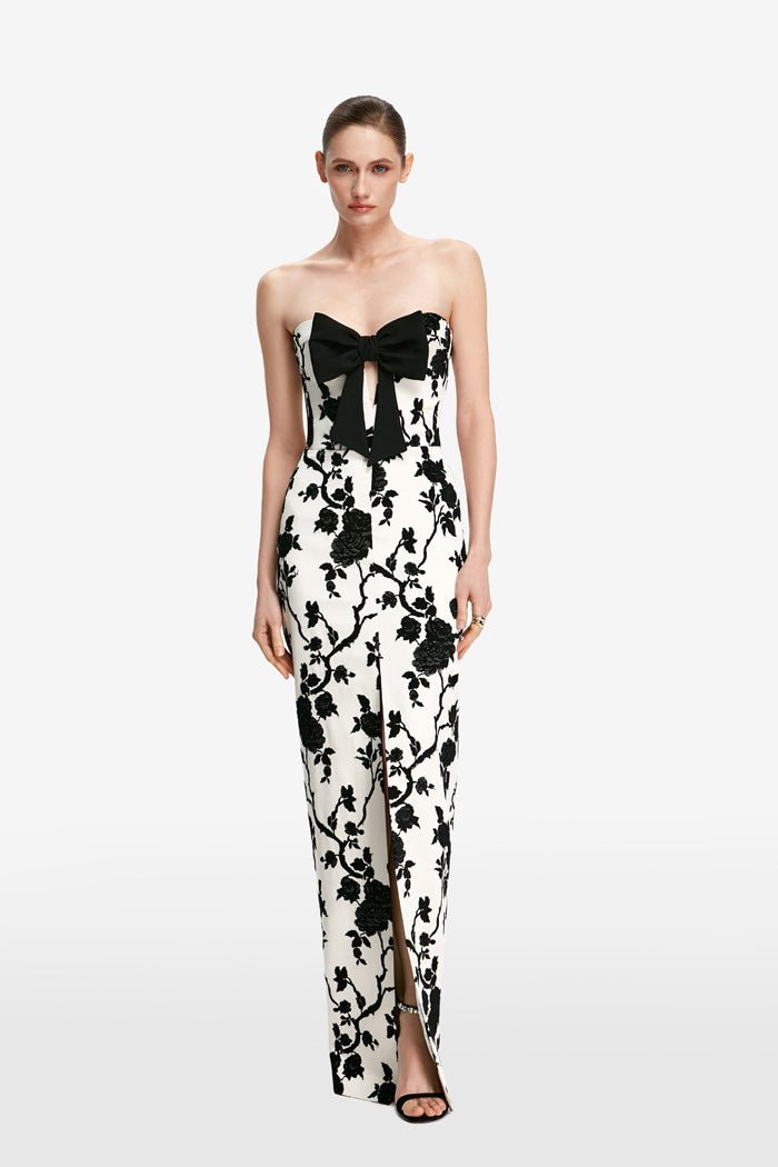 Bow-embellished floral jacquard maxi dress with cutouts – Rasario