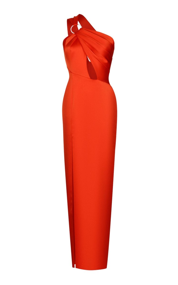 CUTOUT ASYMMETRIC DRAPED SATIN GOWN WITH RING – Rasario