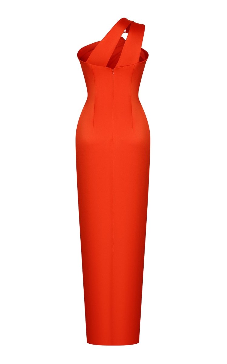 CUTOUT ASYMMETRIC DRAPED SATIN GOWN WITH RING – Rasario