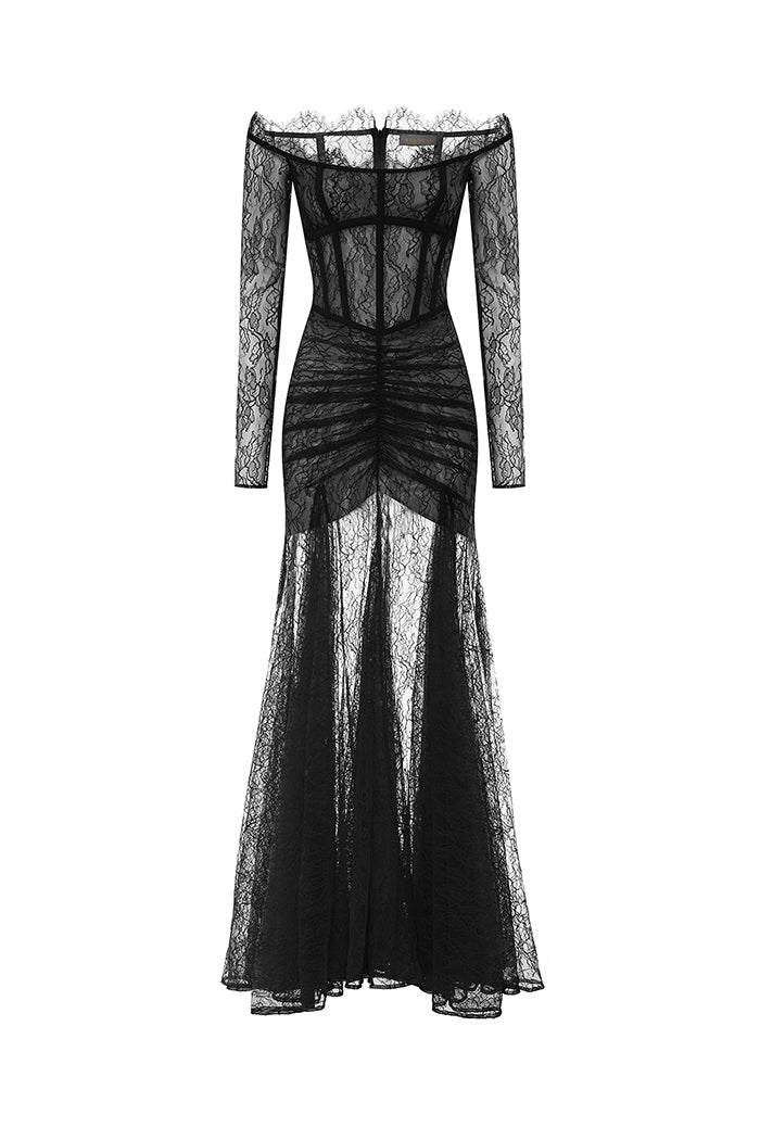 Corset lace gown with a draped skirt – Color: Black – RASARIO Online Boutique 36 (FR) / Black