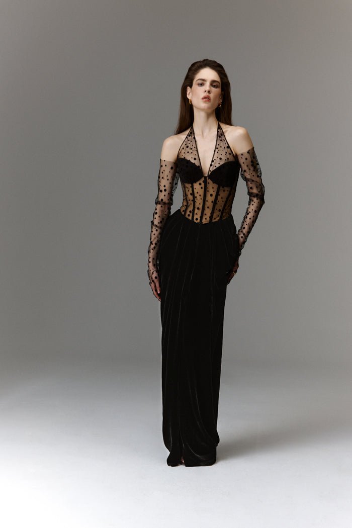 Corset velvet and polka-dot mesh draped maxi dress – Rasario