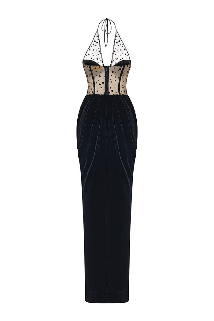 Corset velvet and polka-dot mesh draped maxi dress – Rasario