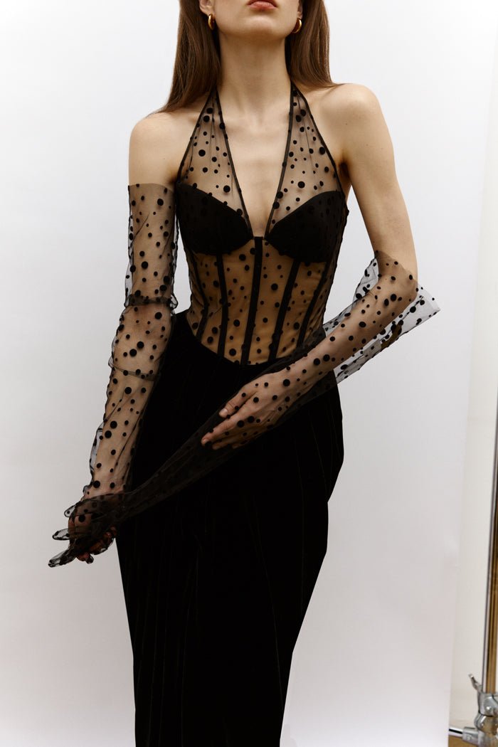 Corset velvet and polka-dot mesh draped maxi dress – Rasario