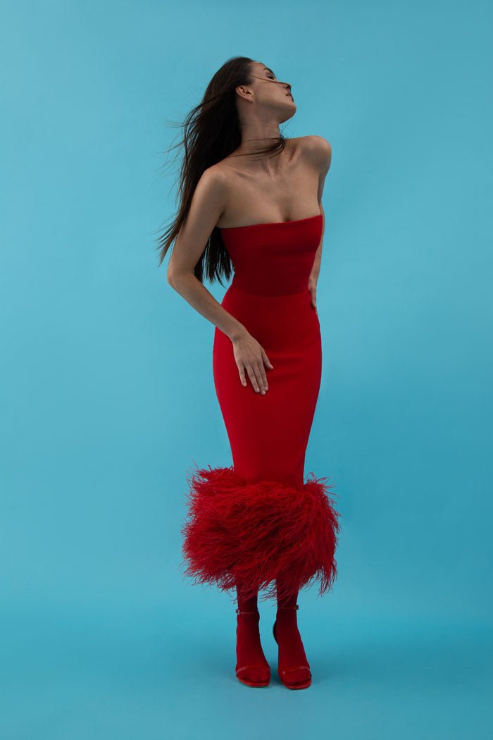 Crepe long midi dress with fringe – Rasario