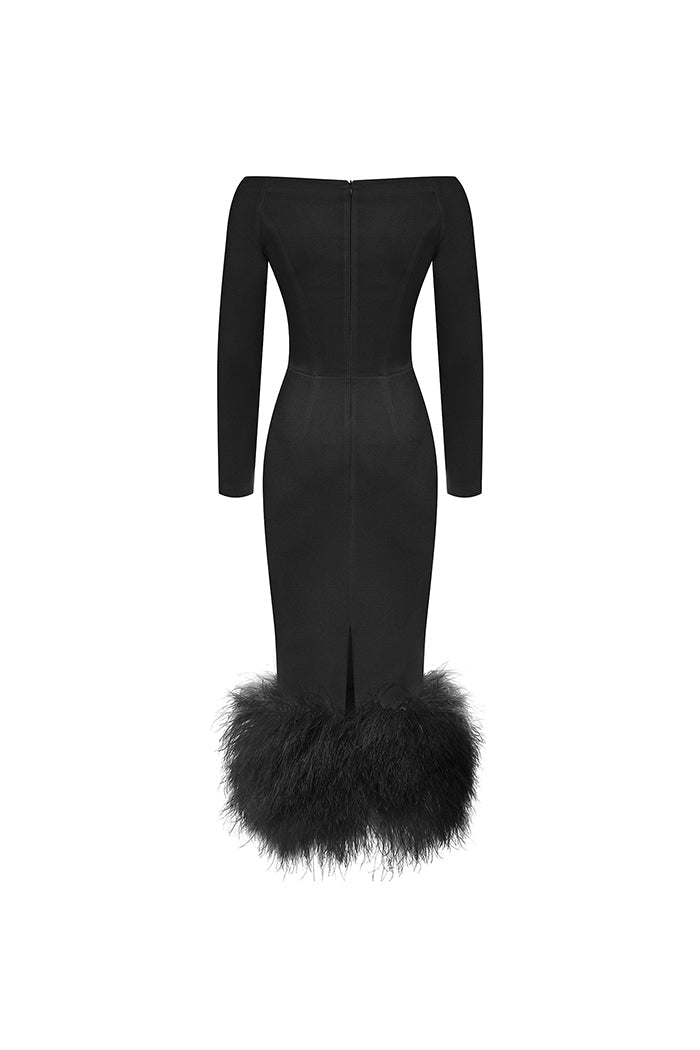 Crepe long midi dress with fringe – Rasario
