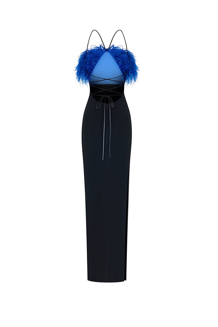 Crepe maxi feather-trimmed dress with a side slit – Rasario