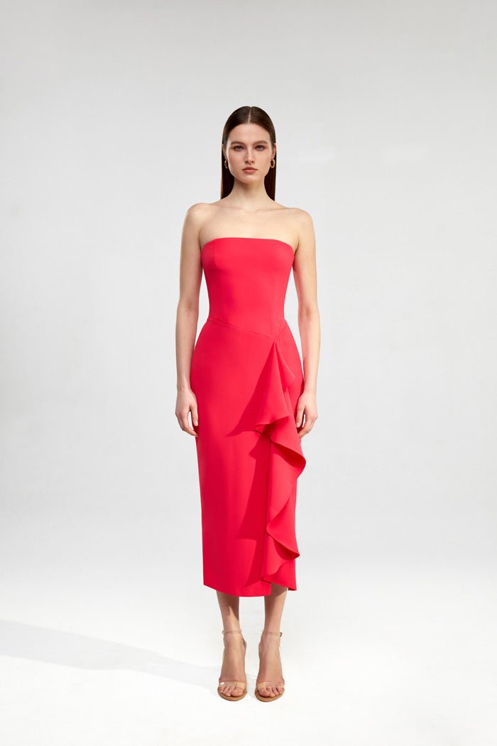 Crepe midi dress with ruffle – Rasario