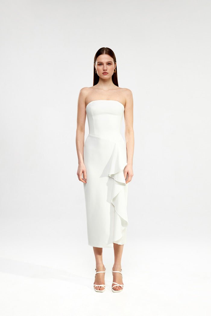 Crepe midi dress with ruffle – Rasario