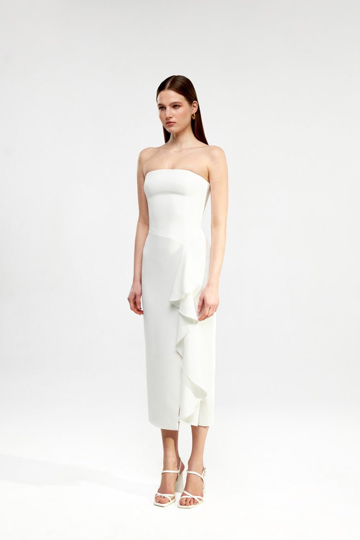 Crepe midi dress with ruffle – Rasario