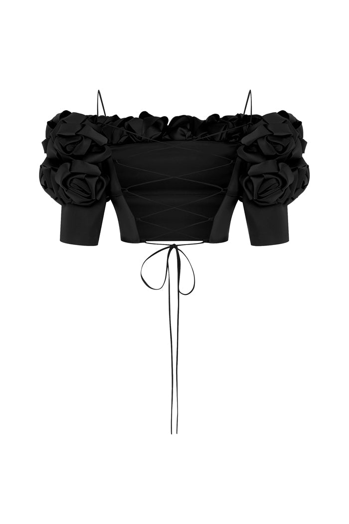 Cropped flower embellished satin top with an opened back – Rasario