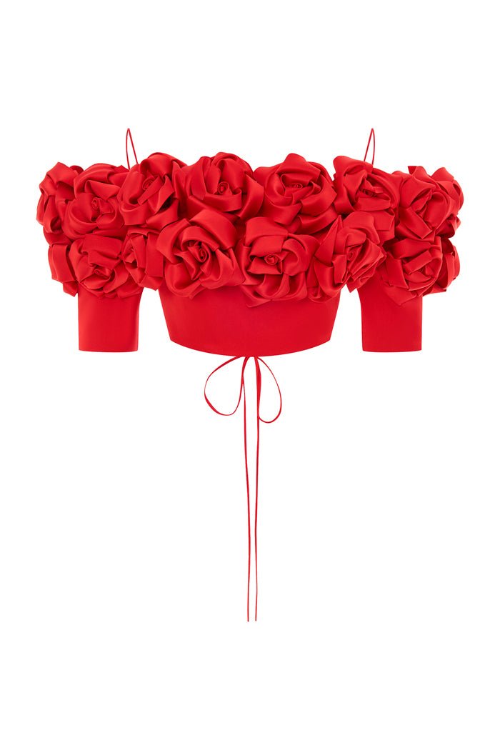 Cropped flower embellished satin top with an opened back – Rasario