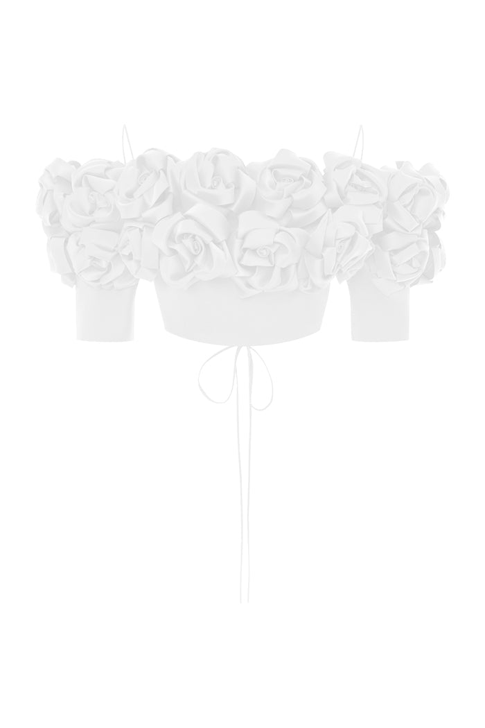 Cropped flower embellished satin top with an opened back – Rasario