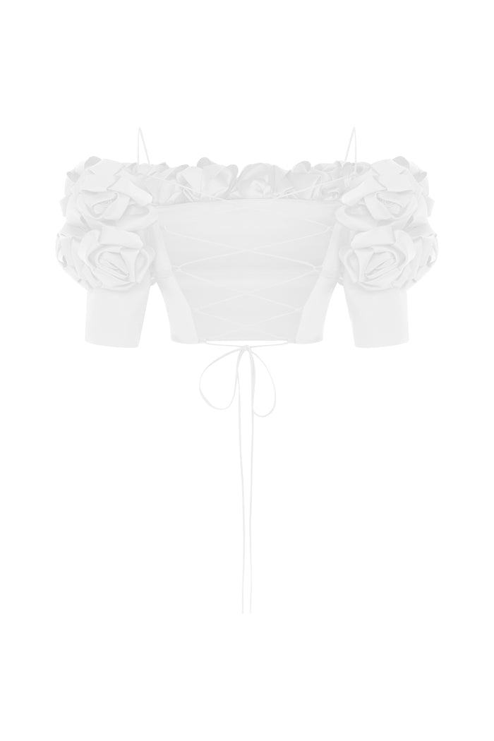 Cropped flower embellished satin top with an opened back – Rasario