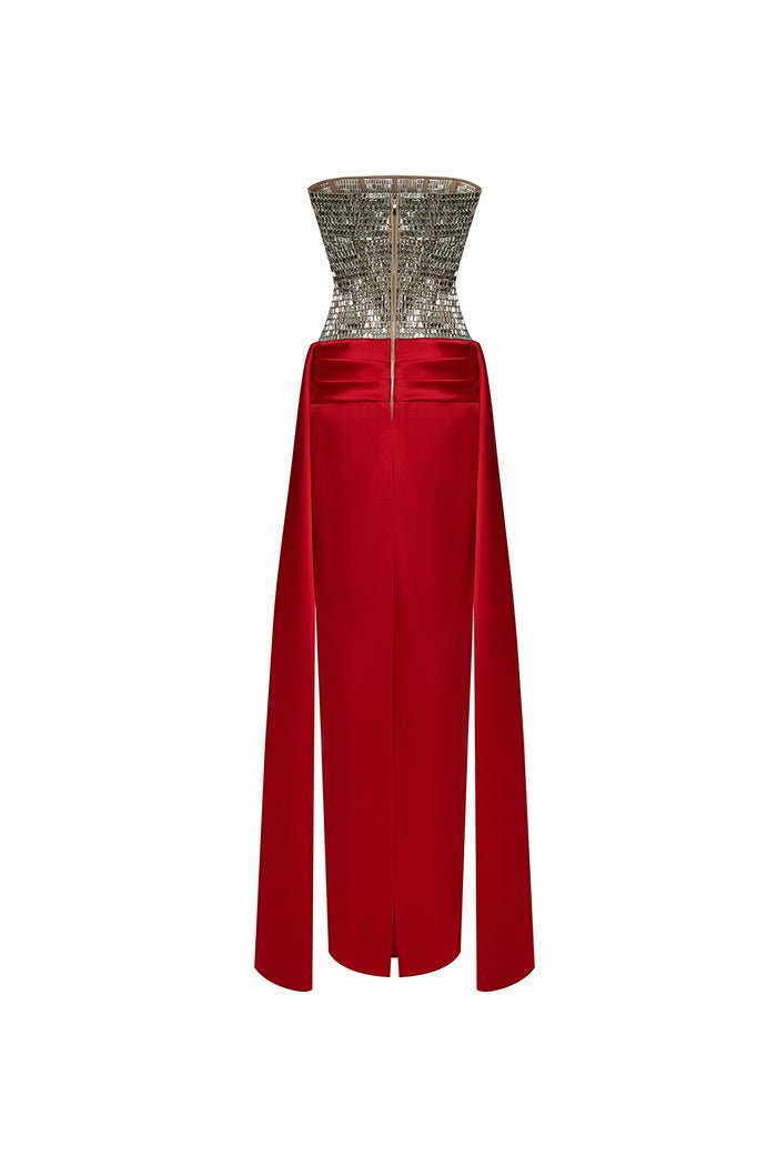 Crystal embellished corset satin dress with a train – Rasario