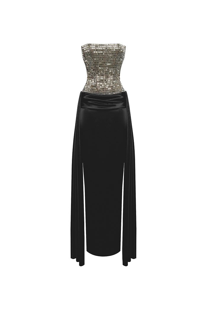 Crystal embellished corset satin gown with a train – Rasario