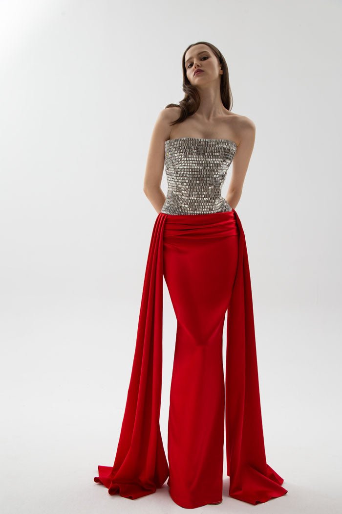 Crystal embellished corset satin gown with a train – Rasario