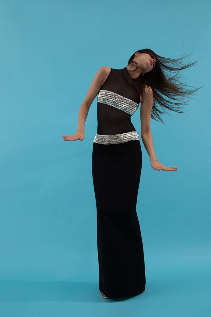 Crystal embellished crepe and mesh maxi dress – Rasario