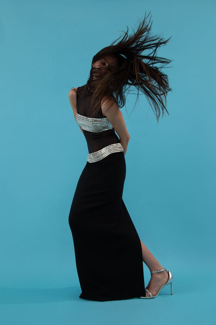 Crystal embellished crepe and mesh maxi dress – Rasario