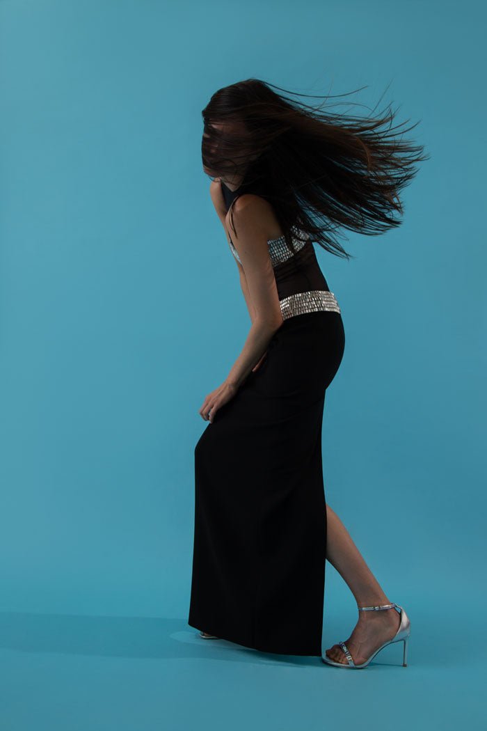 Crystal embellished crepe and mesh maxi dress – Rasario