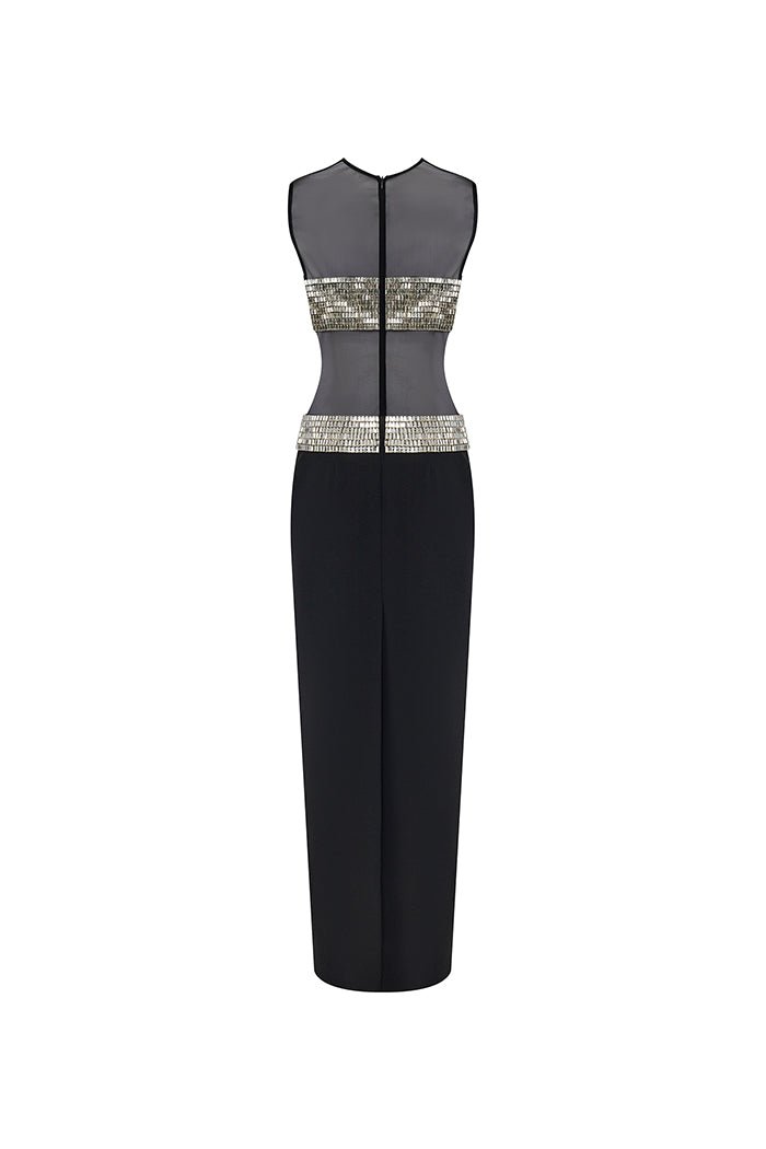 Crystal embellished crepe and mesh maxi dress – Rasario