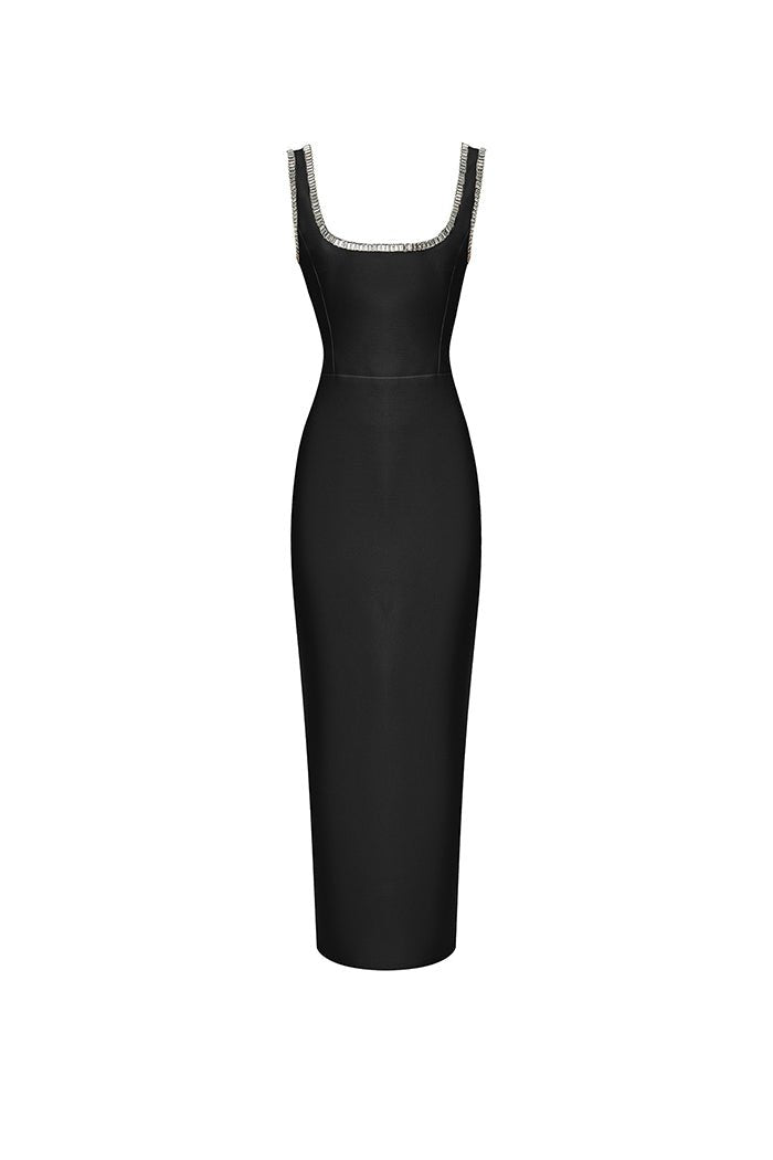 Crystal embellished crepe long midi dress with a side slit – Rasario