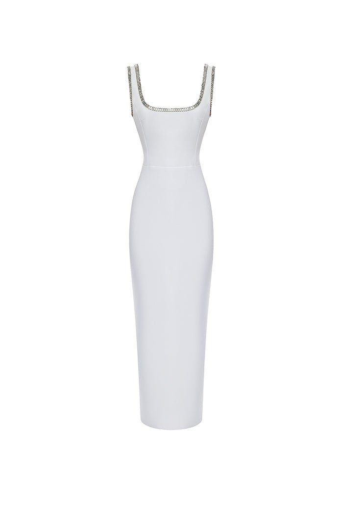 Crystal embellished crepe long midi dress with a side slit – Color: White – RASARIO Online Boutique 40 (FR) / White