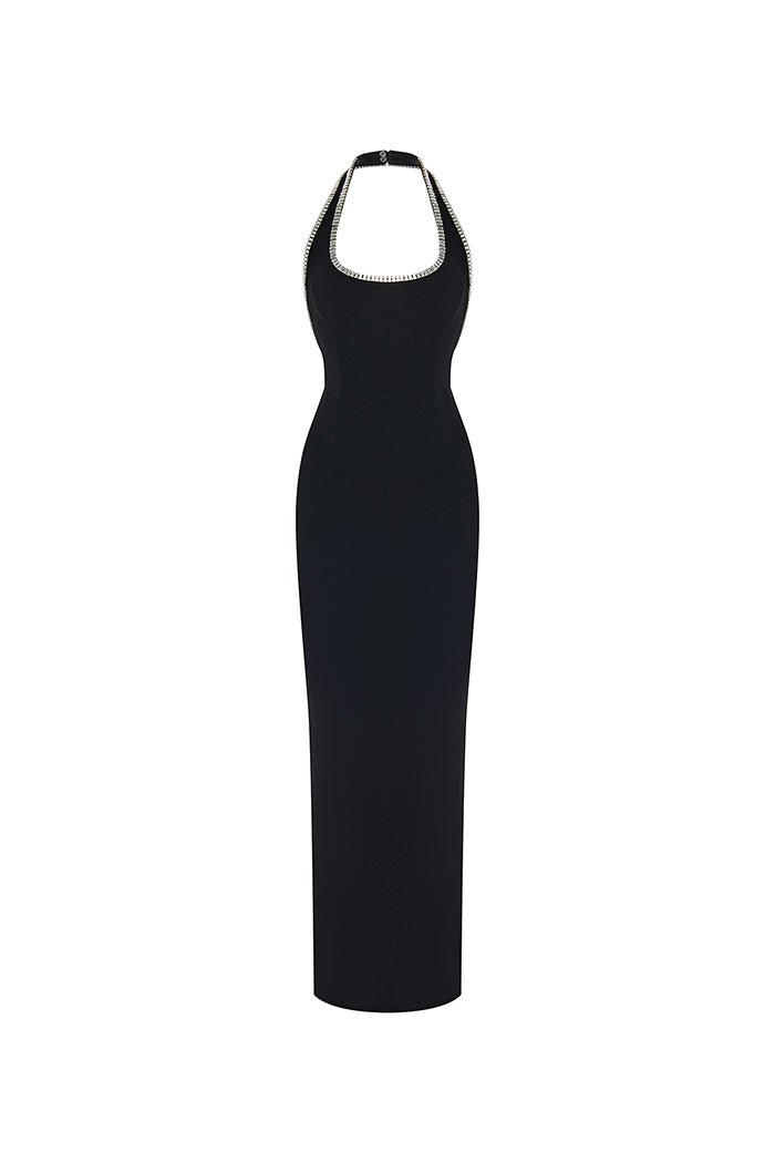 Crystal embellished crepe maxi dress with a slit – Rasario