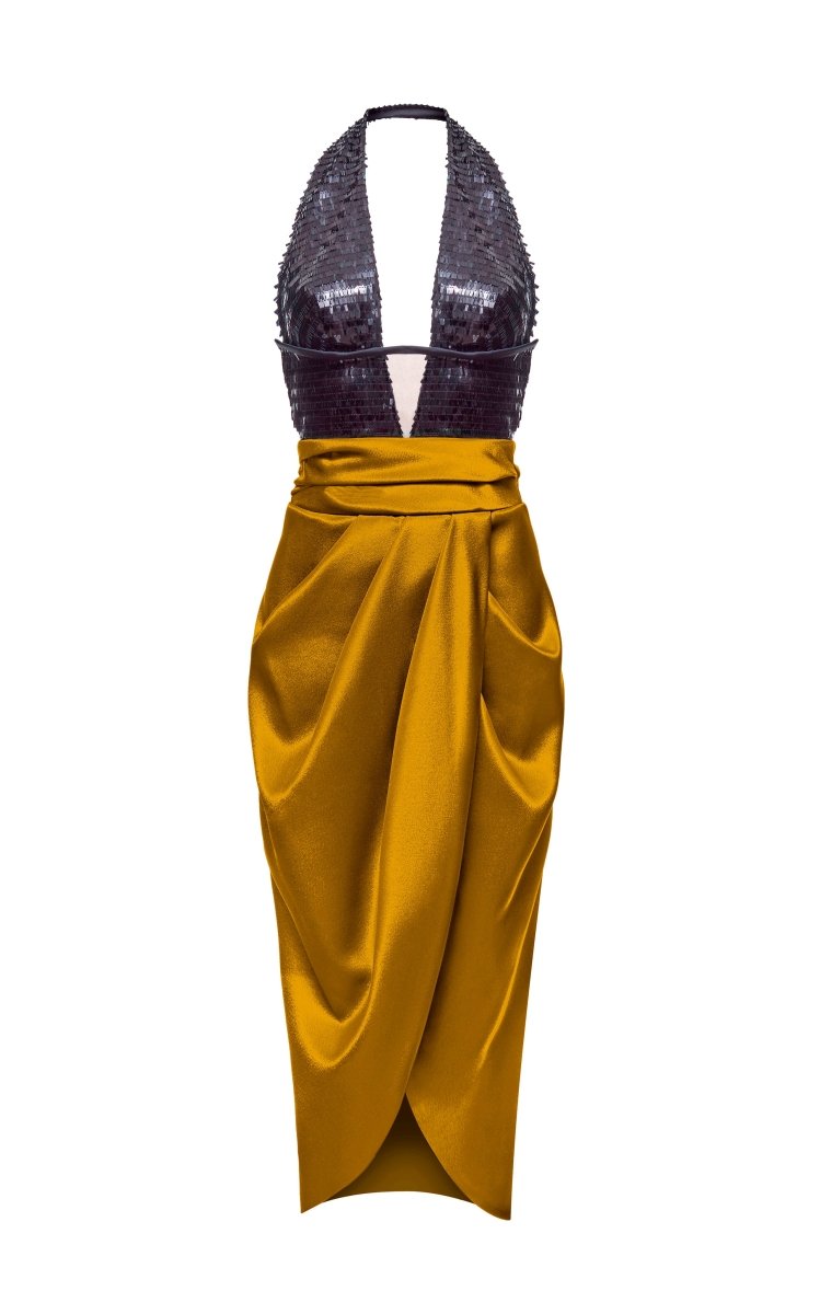 Cutout draped sequined and satin midi dress – Rasario