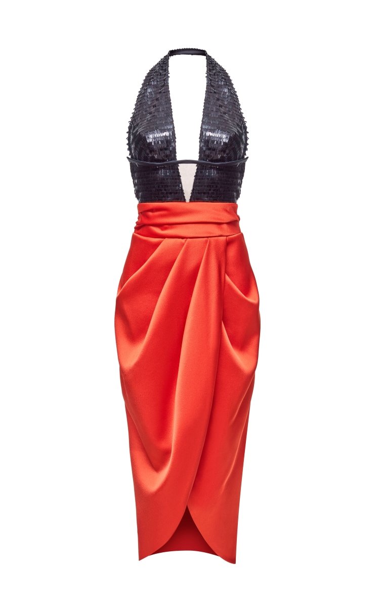 Cutout draped sequined and satin midi dress – Rasario