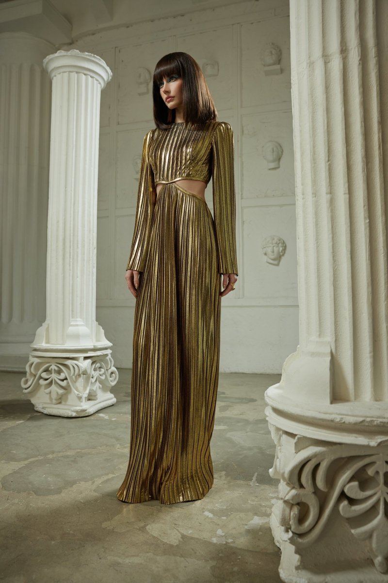 gold pleated maxi dress Cutout with long sleeves venngroup:fredrika Size:large ensuring all eyes are Vhkiploz Women's Spaghetti Strap