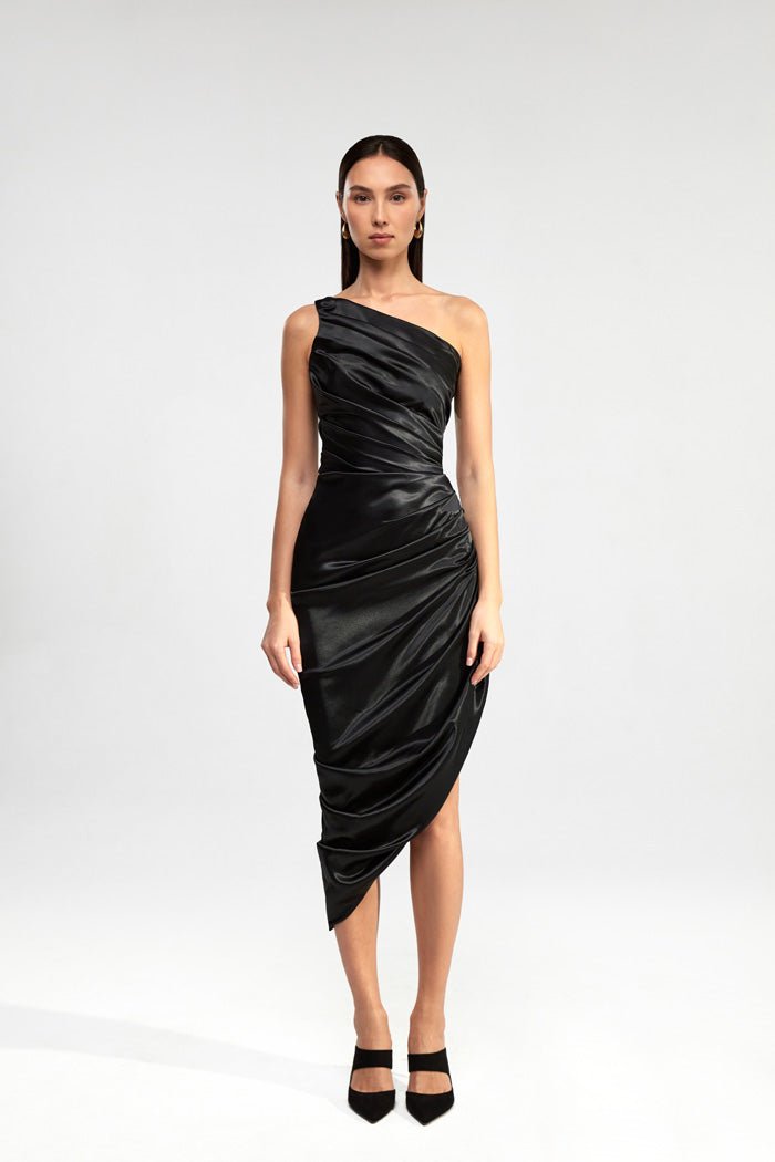 Draped assymetric satin midi dress – Rasario