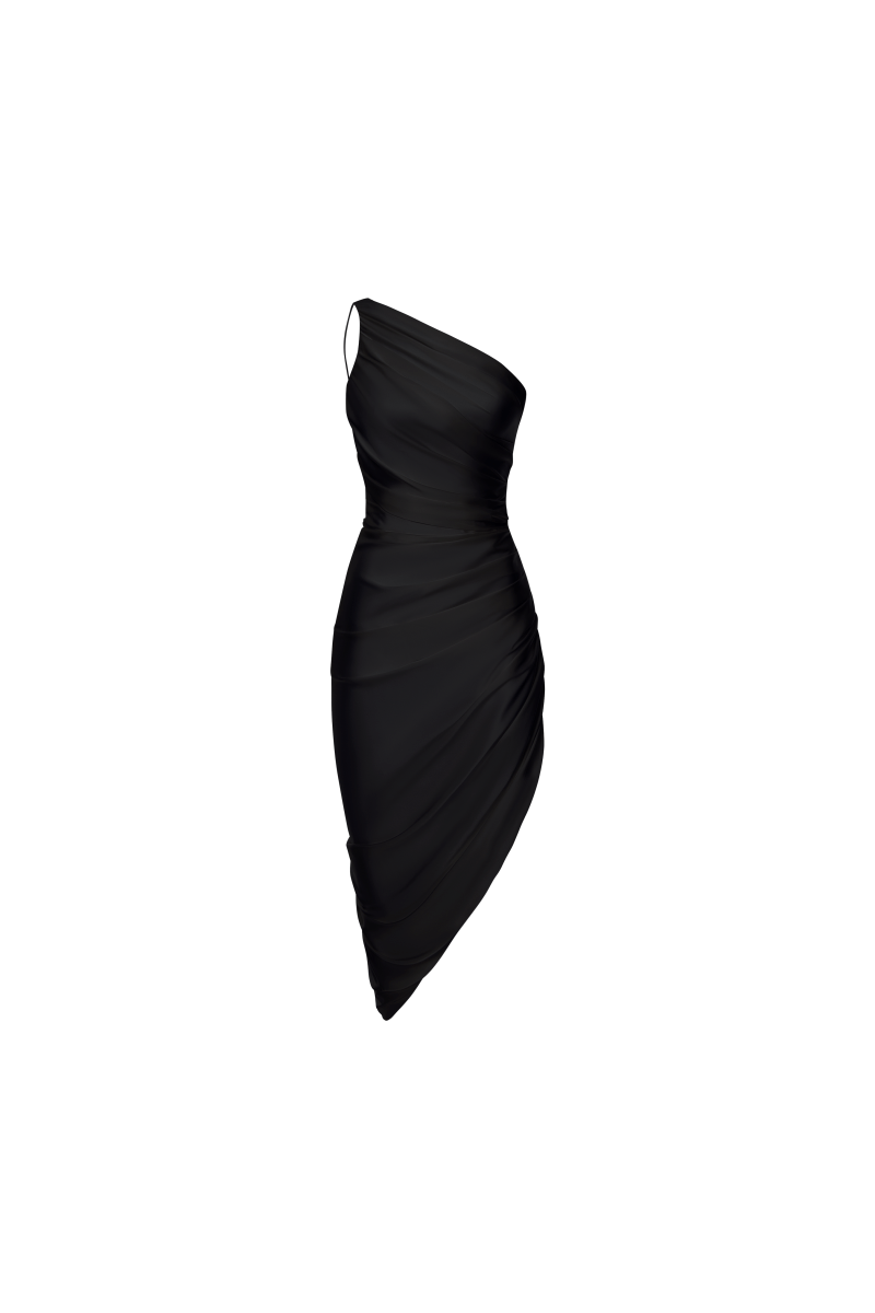 Draped assymetric satin midi dress – Rasario