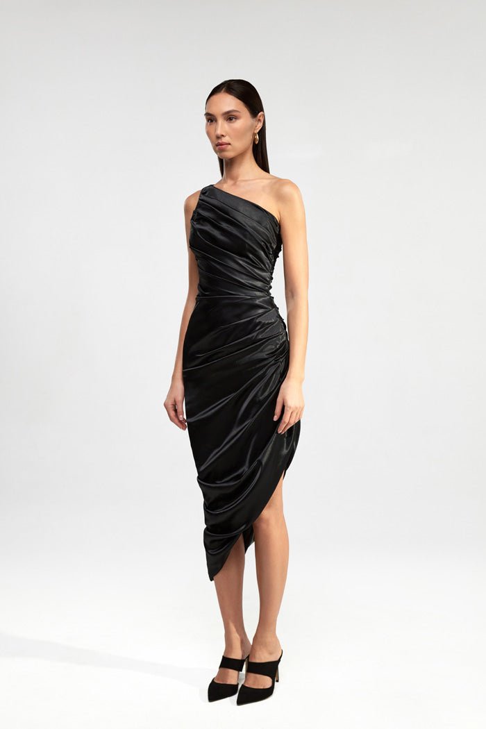 Draped assymetric satin midi dress – Rasario