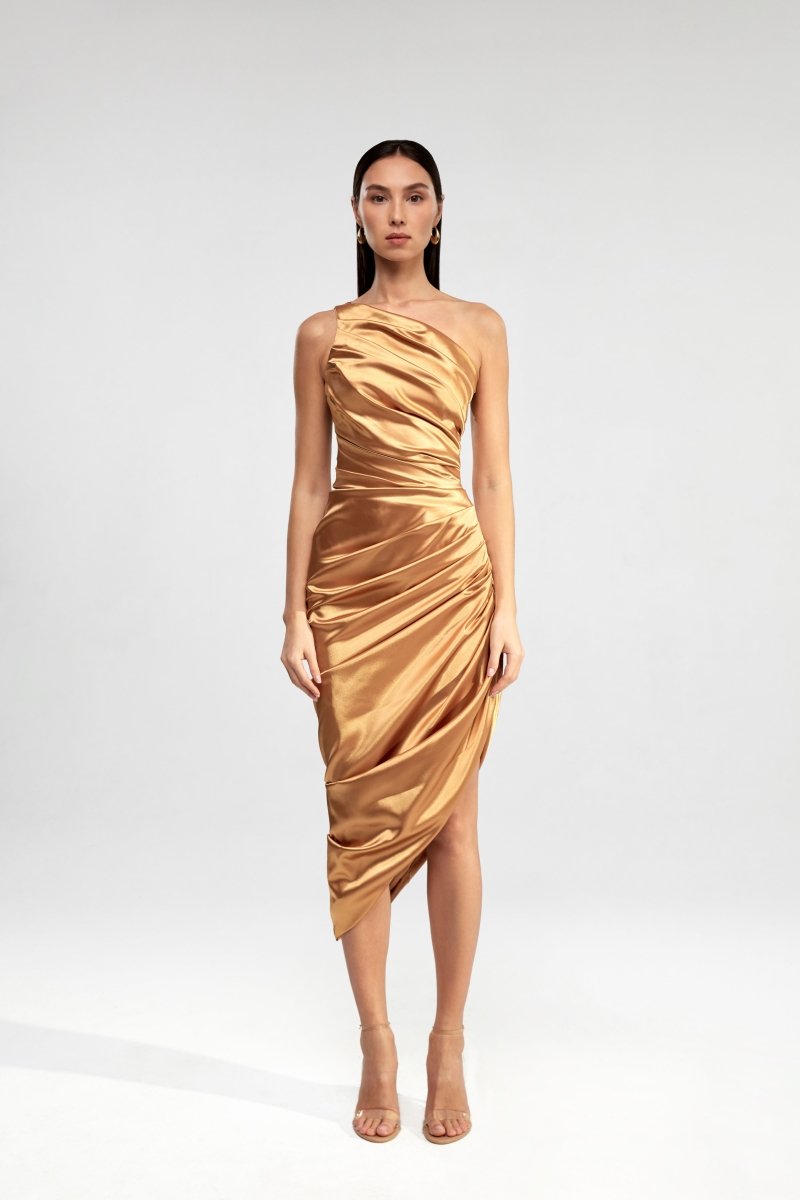 Draped assymetric satin midi dress – Rasario