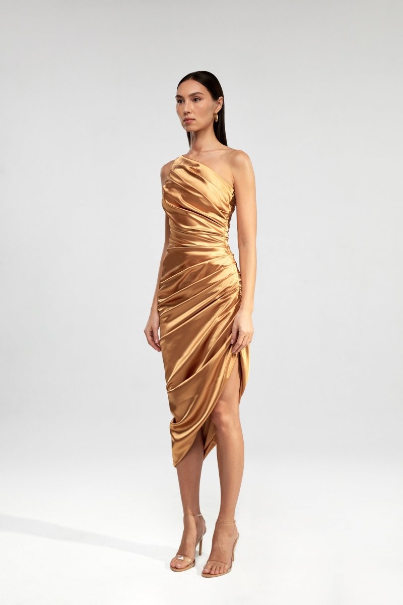 Draped assymetric satin midi dress – Rasario