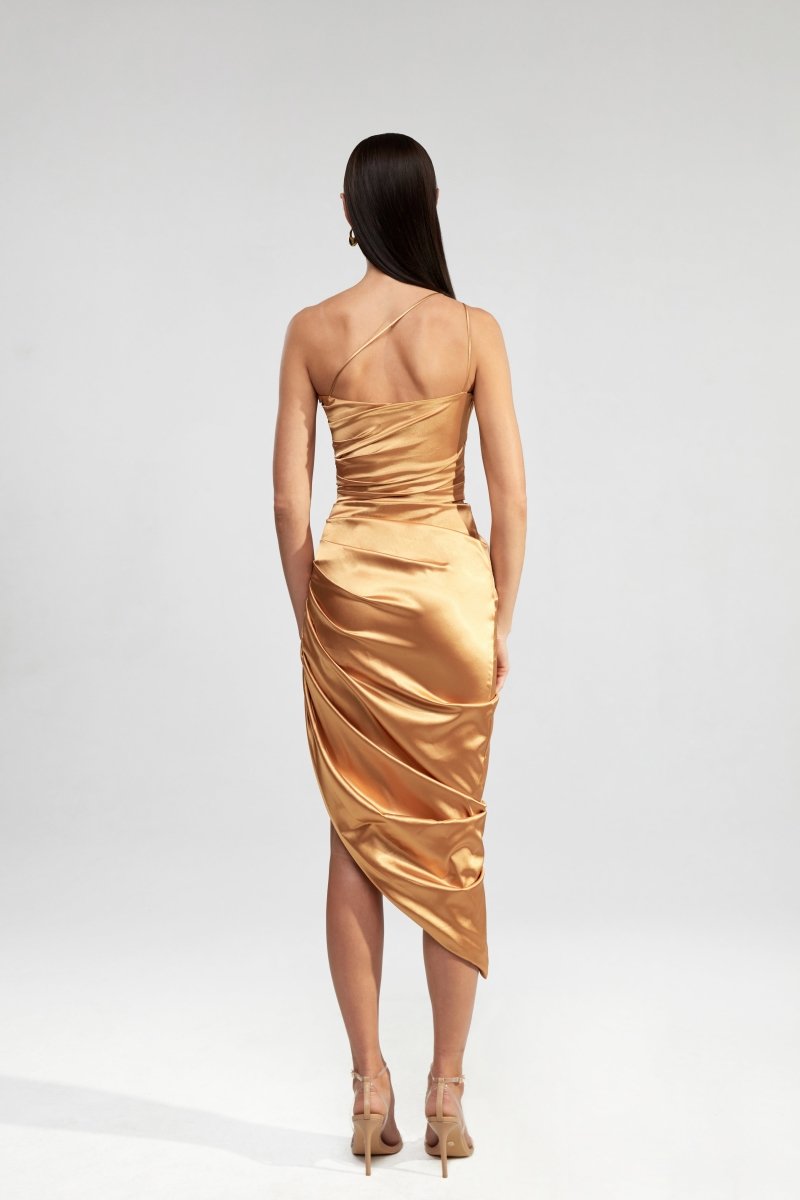 Draped assymetric satin midi dress – Rasario
