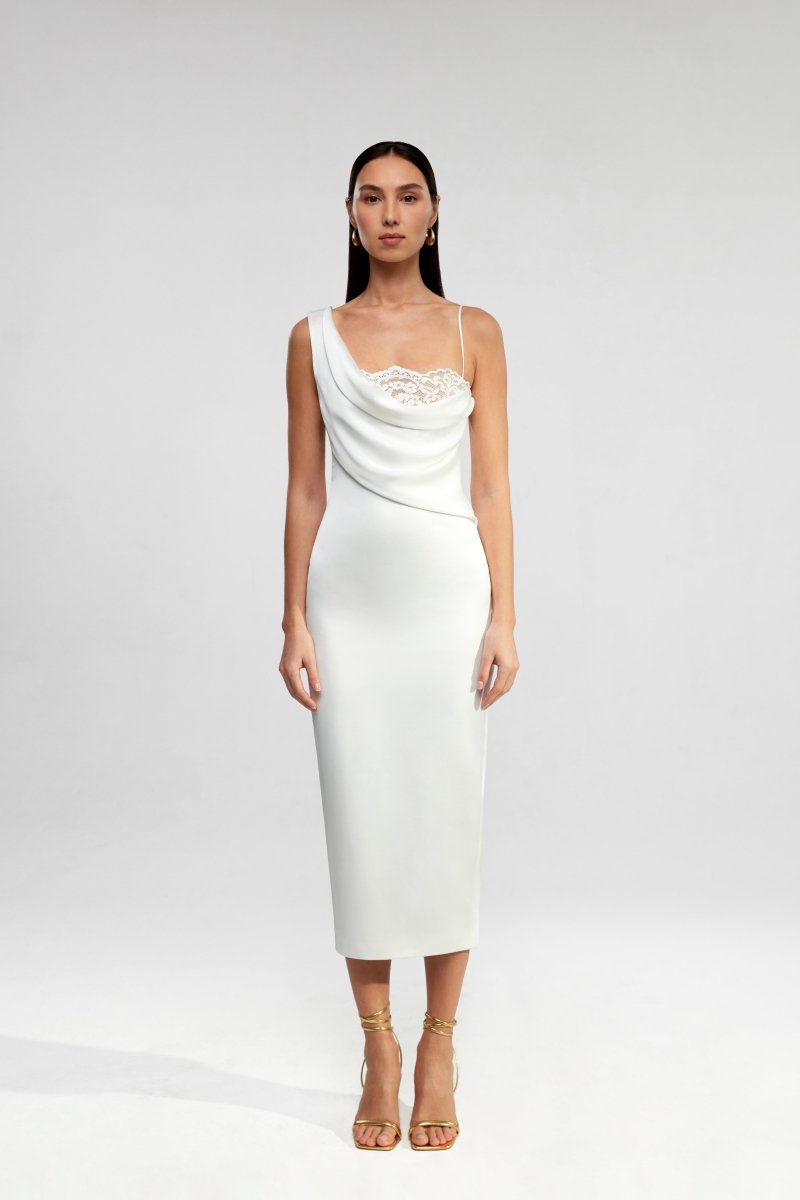 Draped asymmetric lace and satin midi dress – Rasario