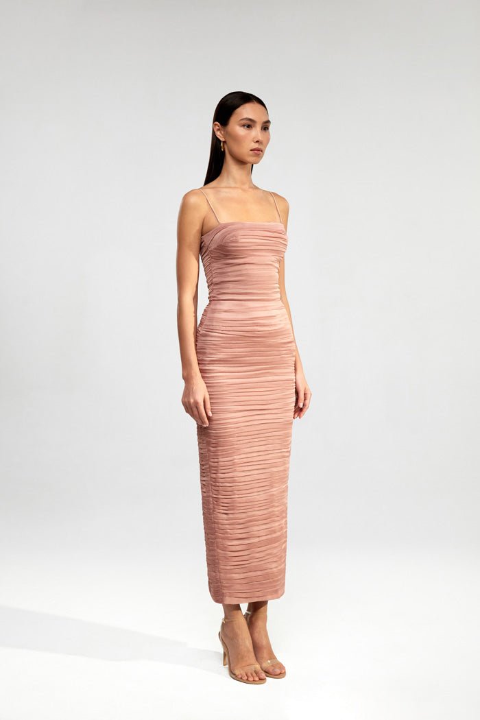 Draped chiffon long midi dress – Rasario
