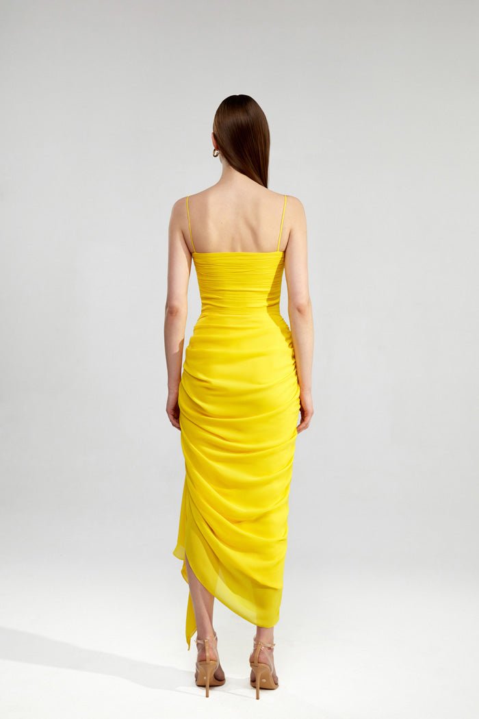 Draped chiffon long midi dress with ruffle – Rasario