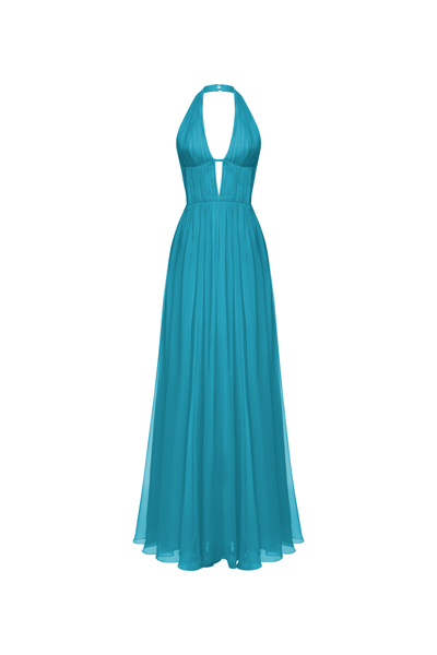 turquoise long dress Draped chiffon maxi dress 38 (FR) / Turquoise