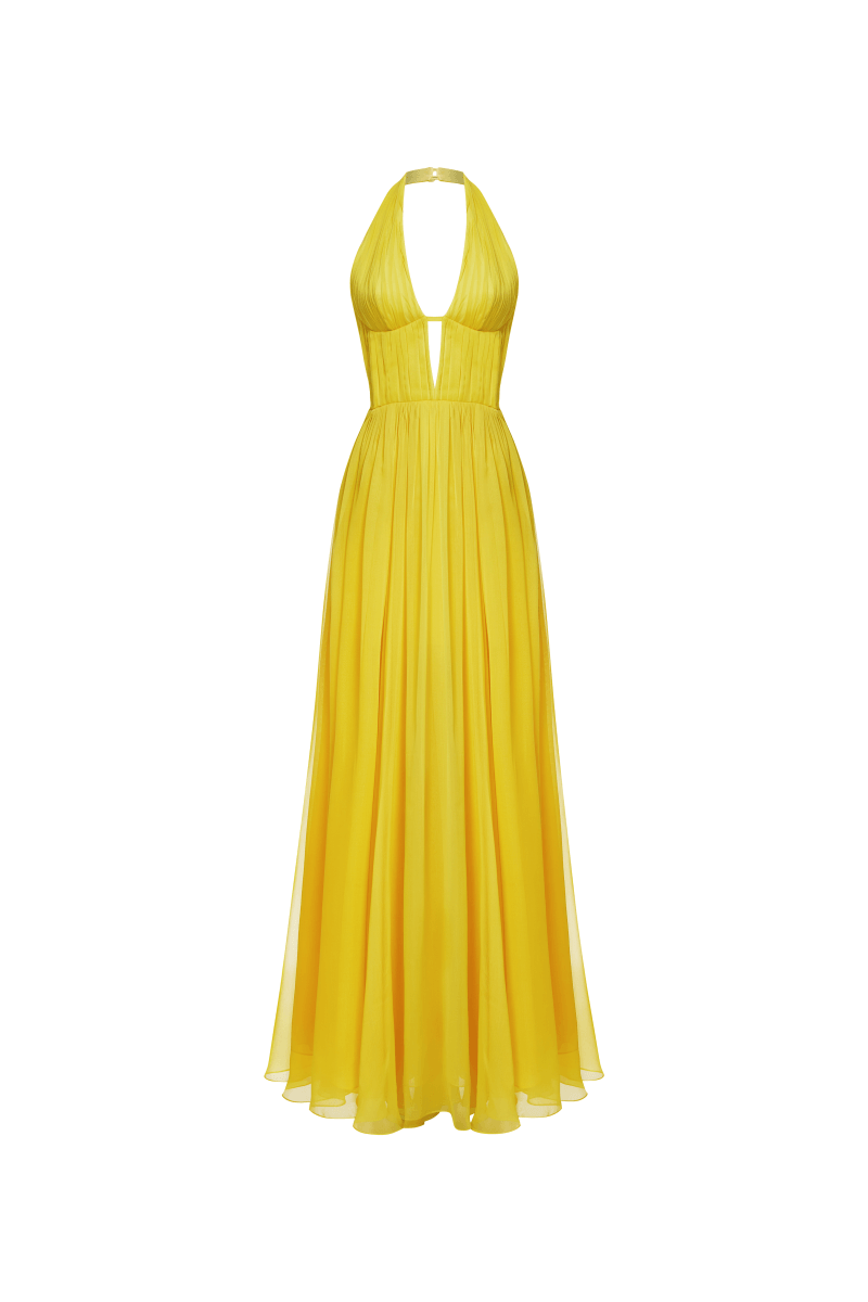 Draped chiffon maxi dress – Color: Yellow – RASARIO Online Boutique