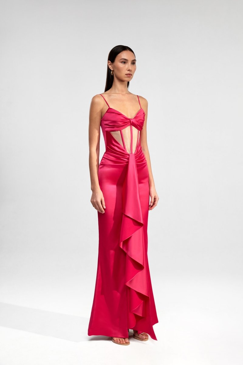 Draped corset maxi dress with ruffle – Rasario