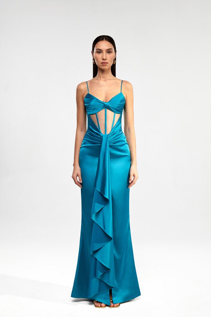 Draped corset maxi dress with ruffle – Rasario