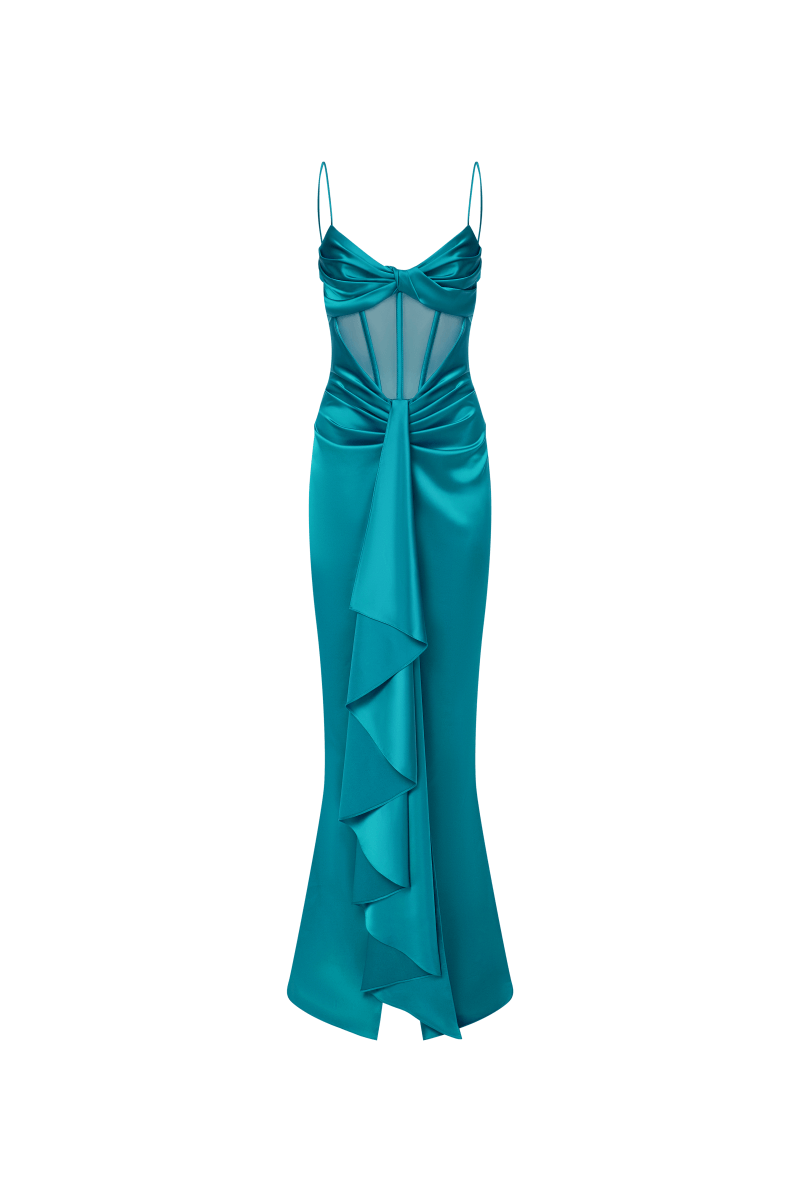 Draped corset maxi dress with ruffle – Rasario