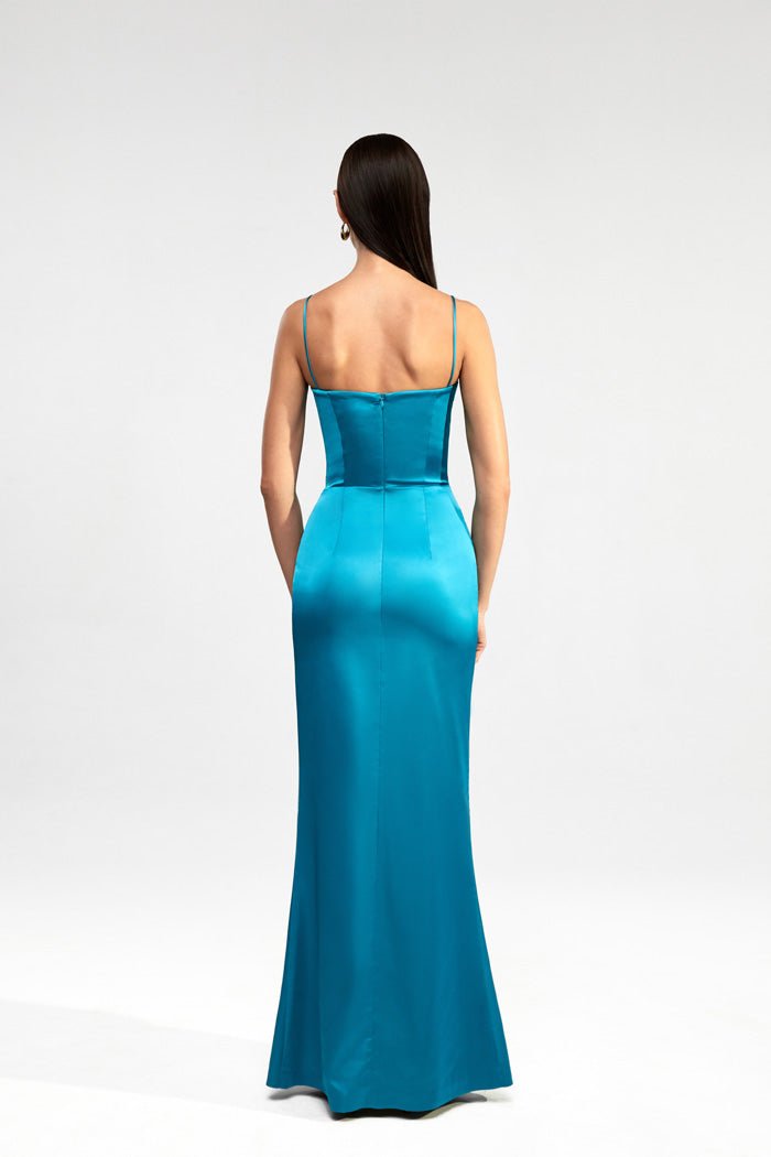 Draped corset maxi dress with ruffle – Rasario