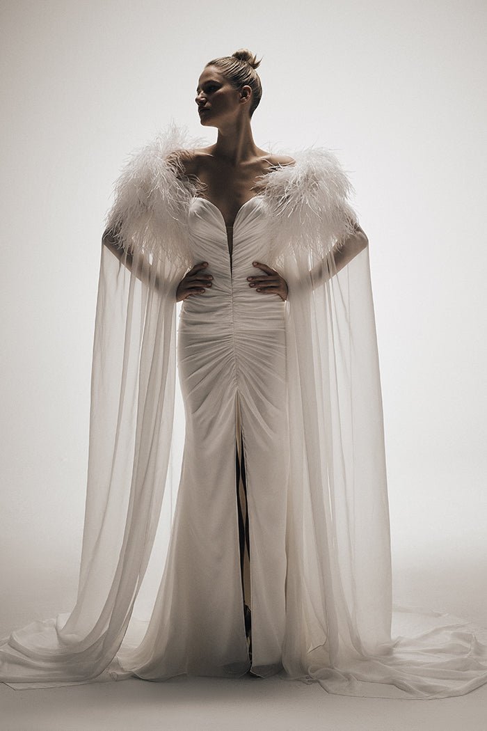 Draped corset silk chiffon maxi dress with a train – – RASARIO Online Boutique 42 (FR)