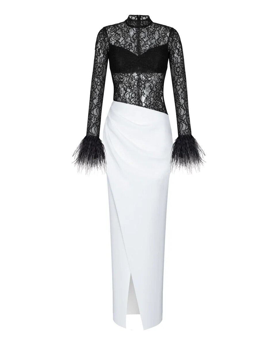 Draped crepe and lace maxi dress with fringe – Rasario