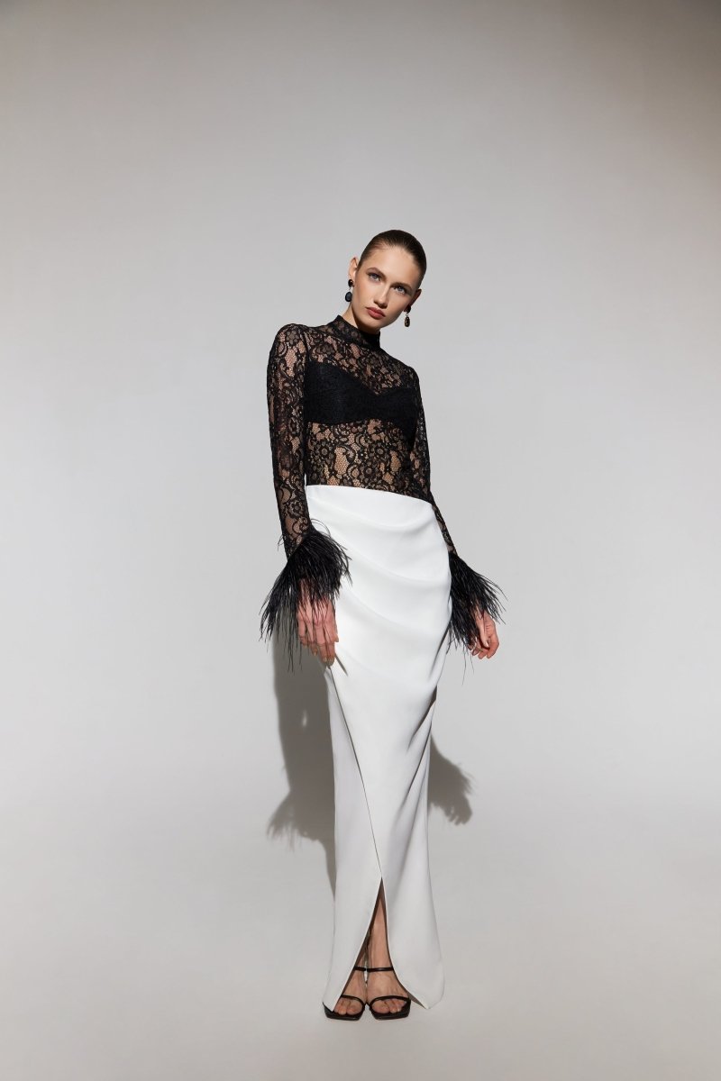 Draped crepe and lace maxi dress with fringe – Rasario