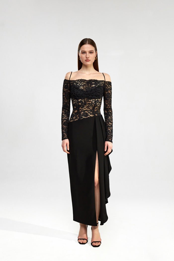 Draped crepe and lace off-the-shoulder long midi dress – Rasario